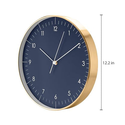 Modern Silent Quartz Wall Clock, 12in, Dark Blue & Gold | Elegant & Simple, Non-ticking, Analog, Easy-to-read display, Battery operated, for Guest room, Bedroom, Kitchen - color: Dark Blue, 12"