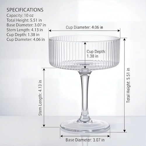Ciaell 4 Piece Coupe Glasses for Bars Parties | 10 oz Ribbed Vintage Cocktail Glasses, Martini Wine Espresso Service, Gift and Drink Service