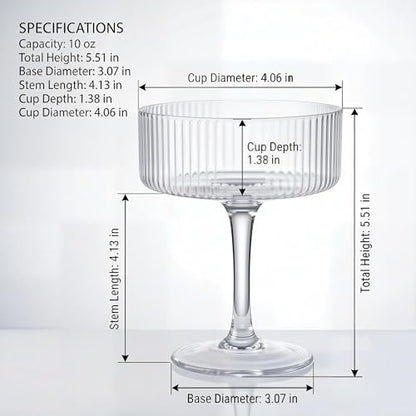 Ciaell 4 Piece Coupe Glasses for Bars Parties | 10 oz Ribbed Vintage Cocktail Glasses, Martini Wine Espresso Service, Gift and Drink Service
