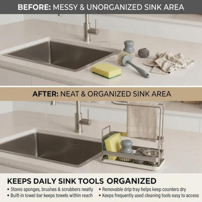 Kitchen Sink Caddy,Sponge Dish Brush Holder Brushed Nickel | Carbon Steel, Towel Rack & Removable Drain Tray, Sponge & Brush Organizer, Compact Sink Storage, Fits Standard Kitchen Sink
