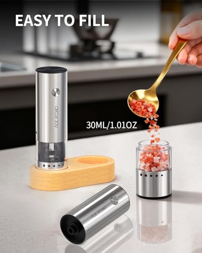 CIRCLE JOY Mini Rechargeable Salt and Pepper Grinder Set with Wooden Base, Dust Cover and External Adjustment, Stainless Steel Electric Pepper Mill Grinders for Kitchen, Outdoors and Travel, Silver - color: MINI Rechargeable Set with Wooden Base