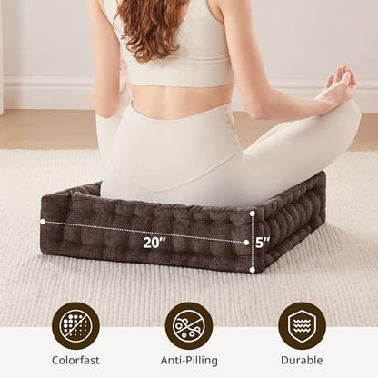 Intelligent Design Floor Pillow Large Meditation Cushion, 20x20 Brown | Sitting for Adults Yoga, Shredded Foam Filled, Chenille Tufted Cover, Handsewn Scalloped Edge, OEKO-TEX Certified - color: Brown