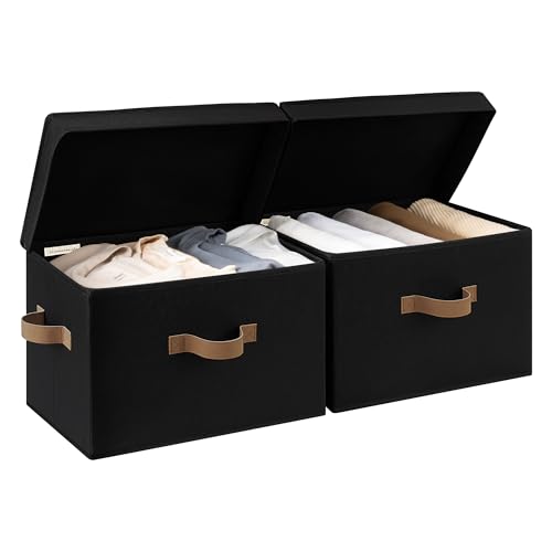 StorageWorks Fabric Storage Bins with Lids, Closet Storage Bins | Flip-Top Lid, 3 Handles, Collapsible, Stackable, for Clothes Blankets, Multi-Purpose, Large, Black, 2-Pack - color: Black, size: Large