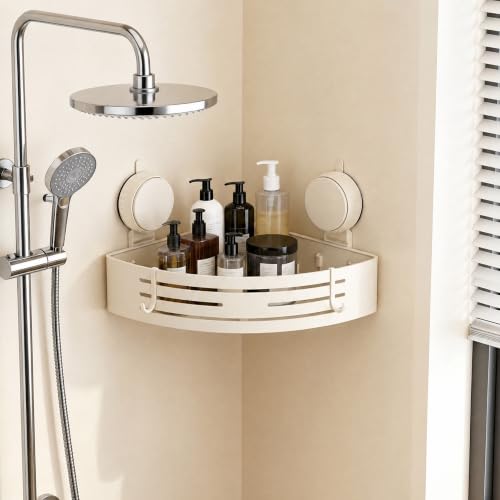 No-Drilling Corner Suction Cup Shower Caddy(1-Pack Cream White),Rust-Proof and Durable Bathroom Organizer with Towel Bar & Hooks,Modern Large-Capacity Wall-Mounted Shower Shelf - color: Tall Corner-white, size: 1 Pack
