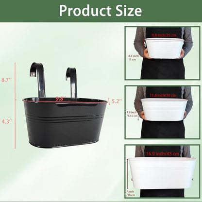 10" Metal Hanging Planter for Railing with Detachable Hooks, Black, 4 Pcs | Removable hook, Drainage hole, Rustproof, For flowers / herbs / succulents, veggies, For railings / fences / balconies - color: Black