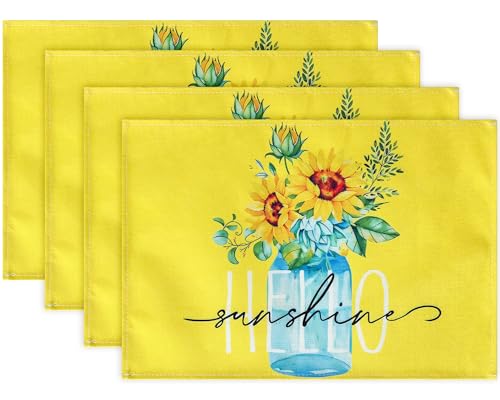Bloss Hello Sunshine Placemats Set of 6, 12" x 18" Autumn Place Mat | Fall Seasonal Holiday Decoration Rustic Vintage Washable Table Mats, Placemats for Dining Table - color: Yellow - Sunflowers, size: 12" x 18" / 6 PCS