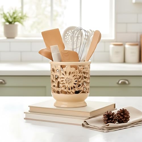 Farmhouse Kitchen Utensil Holder for Countertop, Ceramic Large Cooking Utensil Crock with Cork Mat, Decorative Rustic Utensil Holder for Kitchen Counter, Hollow Carving Flower, Beige | 6.9" Large Cooking Utensil Crock for Countertop, Decorative Rustic Ute