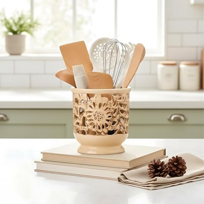Farmhouse Kitchen Utensil Holder for Countertop, Ceramic Large Cooking Utensil Crock with Cork Mat, Decorative Rustic Utensil Holder for Kitchen Counter, Hollow Carving Flower, Beige | 6.9" Large Cooking Utensil Crock for Countertop, Decorative Rustic Ute