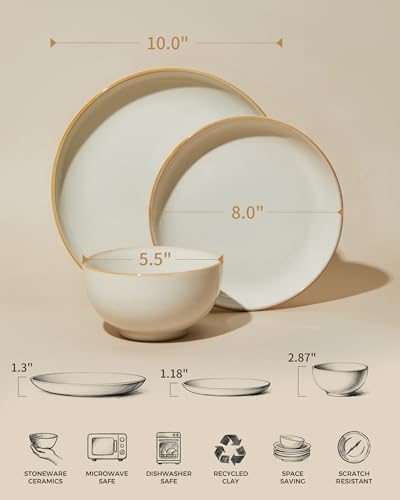 Stoneware Dinnerware Sets, Ceramic Plates and Bowls Set, Microwave & Dishwasher Safe Kitchen Dishes, Modern Dinner Salad Plates | Cereal Bowls, Dishware Sets Service for 4 Yellow White - color: Cream White, size: Set (12pcs)