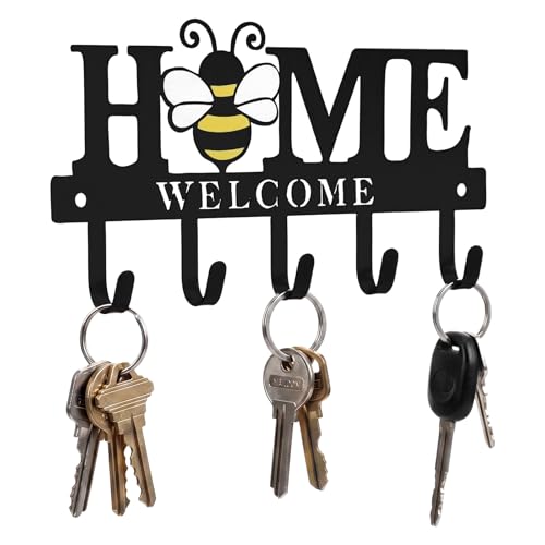 Key Holder Wall Mount Bee Metal Key Hooks Organizer Hanger Coat Rack with 5 Hooks Rustic Farmhouse Decorative Welcome Home Wall Decor for Entryway Bathroom Hallway Living Room 9.8 Inch - style: Bee