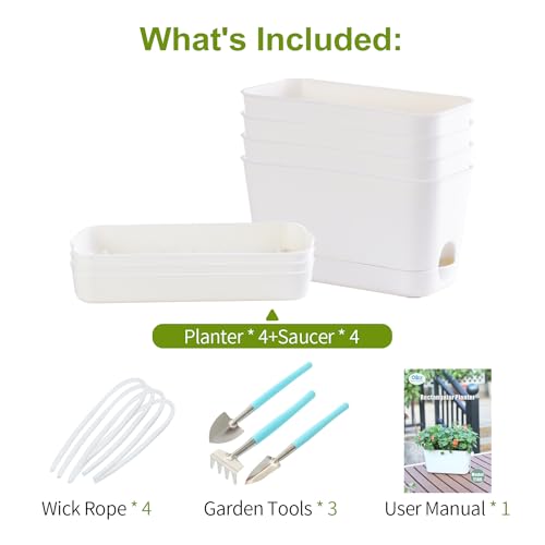 Self Watering Planters: 4 Packs Rectangular Plant Pots with with Drainage and Tray, 10 Inch Window Pot Self Watering Planter for Herb, Houseplants - size: 10 inch 4 Pcs