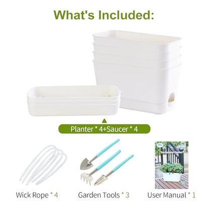 Self Watering Planters: 4 Packs Rectangular Plant Pots with with Drainage and Tray, 10 Inch Window Pot Self Watering Planter for Herb, Houseplants - size: 10 inch 4 Pcs