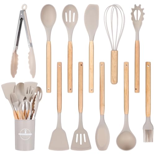 12 Pcs Kitchen Utensils Set, 446°F Heat Resistant Silicone | Non-Toxic Wooden Cooking Tools for Nonstick Cookware, Khaki Kitchen Gadgets Set, Accessories for Daily Cooking & Baking