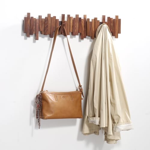 Coat Rack Wall Mount Piano Flip Down Wall Hook Rack 5 Hooks Walnut | Natural Wood Handmade Unique Hanger for Coats Bag Hat Umbrella key Wall Art In the foyer living room bedroom bathroom office - color: Walnut