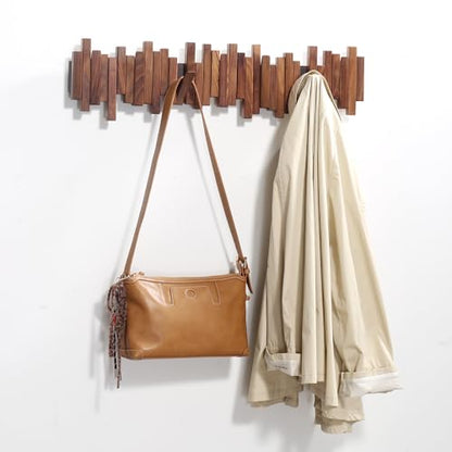 Coat Rack Wall Mount Piano Flip Down Wall Hook Rack 5 Hooks Walnut | Natural Wood Handmade Unique Hanger for Coats Bag Hat Umbrella key Wall Art In the foyer living room bedroom bathroom office - color: Walnut