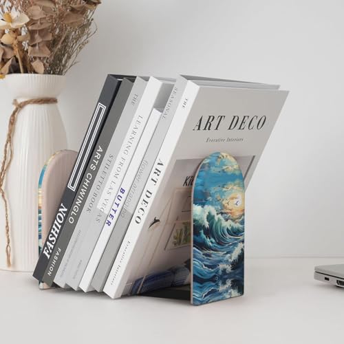 Wave Sailboat Seagull Wooden Bookends - Office Book Storage Rack, Non-Slip, Suitable for Study Room, Classroom and Library
