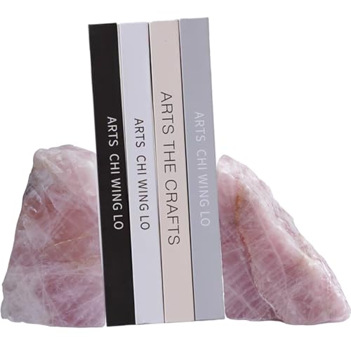Natural Rose Quartz Bookends with Rubber Feet 4-5Lbs Heavy Duty Non-Slip Crystal Bookends 1 Pair | Raw & Polished Stone | Healing Office Decor Gift - size: 4-5 LBS