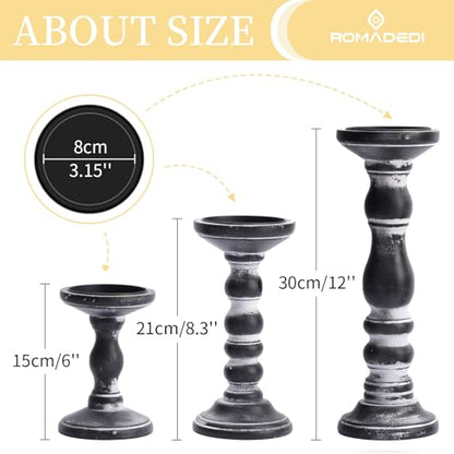 Romadedi Black and Gray Distressed Wood Pillar Candle Holders, Set of 3 | Rustic Farmhouse Wood Candle Set for Mantel, Dining Table Centerpiece, Entryway, Shelf. - color: Black