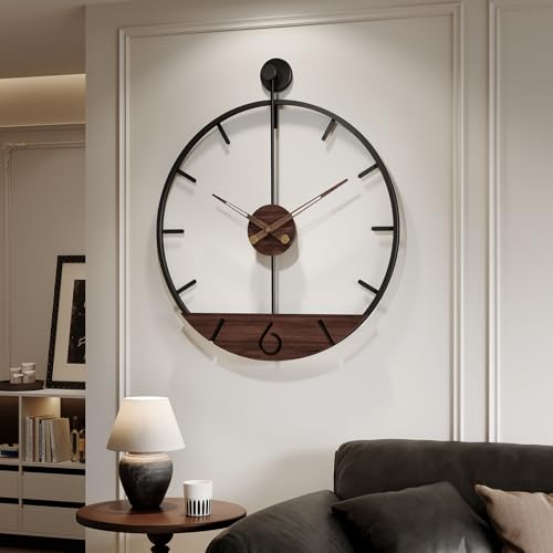 Cuspin Extra Large Wall Clock 36 Inch Modern Black Metal Clock with Walnut Wood Dial, Silent Non-Ticking Oversized Decorative Battery Powered Big Clock for Living Room, Kitchen, Office, Bedroom - color: Modern Wood Accent, size: 36 Inch