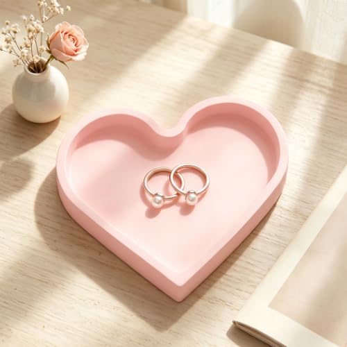 Heart Shape Silicone Jewelry Tray, Ring Dish, Small Key Bowl, Cute Trinket Tray for Necklace Earrings Bracelet Watch, Home Decor Gift for Mom Sister Daughter Friend Girlfriend, Pink - color: Pink