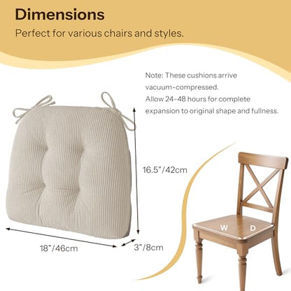 Anti Slip Kitchen Chair Cushions Set of 4 18"X16.5"X3" Beige | Elegant Breathable Textured Fabric, with Ties, Tufted, Thick Polyester Filling, for Dining Chairs, Folding Chairs, Office - color: Beige