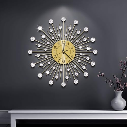 19.7 Inch Large Wall Clock for Living Room Decor, Non-Ticking Quiet Modern Metal Starburst Bling Gold Crystal Wall Clocks Decor for Bedrooms Kitchen Decorative - color: Gold ~19.7 Inch