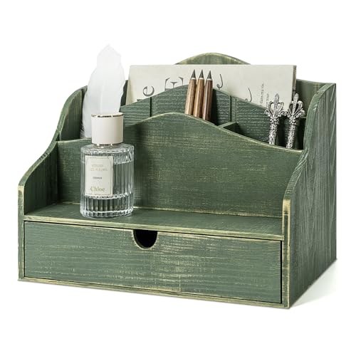 Rebee Vision Mail Organizer for Desk with 4-Slot Letter Rome Decor, Green | Pine Wood, Mail Holder for Desk Organizer, Drawer and Dividers, Store Jewelry, Magazine, File, Office Decor Aesthetic - color: A-Green
