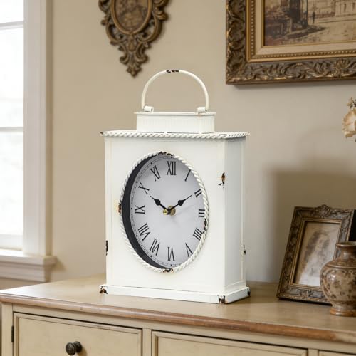 Vintage Mantel Clock, Large Rustic Distressed Metal Table Clock with Handle, Silent Non-Ticking Quartz Movement, Whitewashed Fireplace Shelf Desk Clock for Living Room Bedroom Office - style: White Clock