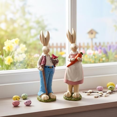 Easter Bunny Figurines Set of 2, Resin Rabbit Decor, 9.06 Inch | Resin Easter bunny decor with bird nest and carrot details for tables, shelves and spring gifts; a charming 2-piece set