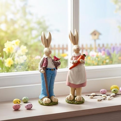 Easter Bunny Figurines Set of 2, Resin Rabbit Decor, 9.06 Inch | Resin Easter bunny decor with bird nest and carrot details for tables, shelves and spring gifts; a charming 2-piece set