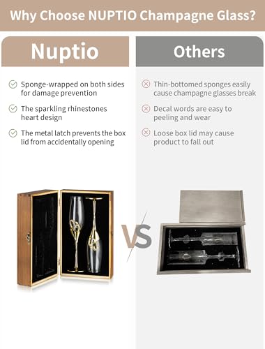 NUPTIO Crystal Champagne Flutes, Wedding Gifts for Couple, Gold, Set of 2 | Rhinestone Rimmed Heart Toasting Glasses with Wooden Gift Box for Engagement, Anniversary, Party, Bridal Showers, 6.76oz - color: Gold