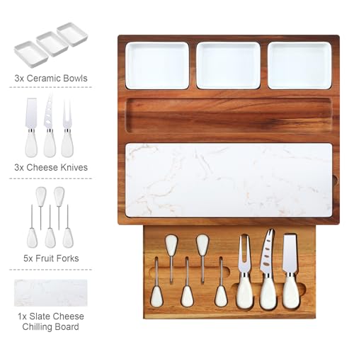 Charcuterie Board Set Premium Large Acacia Wood Cheese Platter with Reusable Bowls, Cheese Knives and Forks - Housewarming, Wedding, Bridal Shower, Birthday Gifts - size: Large 16" Cheese Board