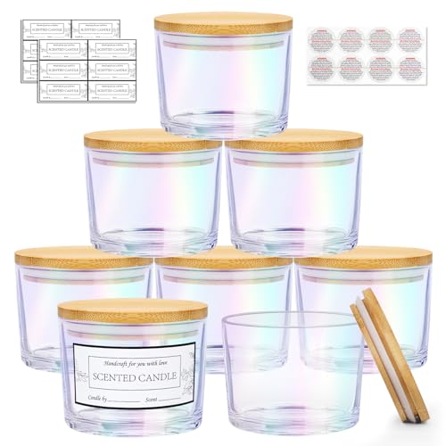 CONNOO 8 Pack 12 oz Iridescent Glass Wide Mouth Candle Jars | For Making Candles, Airtight Bamboo Lids, Sticky Warning Labels, Empty Container Bulk, Dishwasher Safe - color: Iridescent