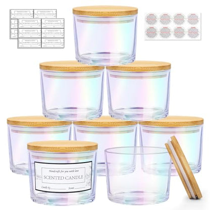 CONNOO 8 Pack 12 oz Iridescent Glass Wide Mouth Candle Jars | For Making Candles, Airtight Bamboo Lids, Sticky Warning Labels, Empty Container Bulk, Dishwasher Safe - color: Iridescent
