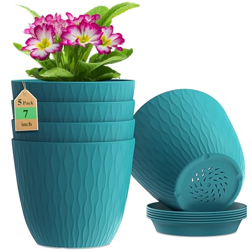 WSMKSZ 7 inch Flower Pots, 5 Pack Plant Pots with Drainage Holes and Saucers for Indoor Plants, Plastic Planters with Water Ripple for Small Garden House Plants, Nursery Pots for Succulent, Blue Green - color: Blue-green, size: 7inch 5pcs