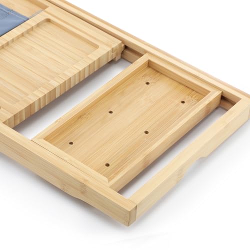 Elama Expandable Bamboo Bath Tray, Adjustable Bathtub Caddy with Book & Tablet Holder, Wine Glass Slot, and Spa Accessory Compartments