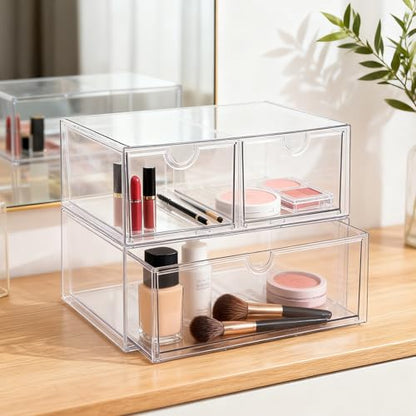 Prsildan Acrylic Drawer Makeup Organizer with 3 Drawers, Clear Stackable Storage for Baby Bottles, Craft, Jewelry & Hair Accessories, Multi-Use for Vanity, Countertop, Office Desk Organization - size: 3 Drawers