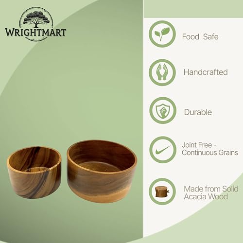 Acacia Wood Bowl Set of 2, Artisan Hand-Turned Cylindrical, 8" & 6" Bowls | Solid joint-free acacia wood bowls with continuous grain, handcarved for salad, fruit, bread, serving food 8 x 4 & 6 x 3.5 in