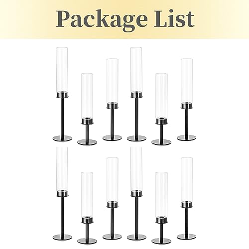 Hewory Black Candlestick Holders Hurricane Candle Holder, 12Pcs Candle Stick Candle Holder Candelabra, Taper Candle Holders with Glass Candle Cover for Wedding Table Centerpiece Christmas Decor | Elegant Tall Taper Candle Holders at 3 different heights, T