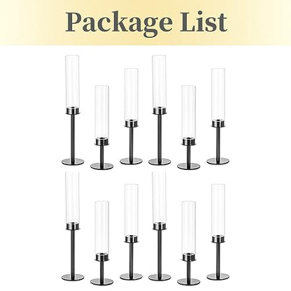 Hewory Black Candlestick Holders Hurricane Candle Holder, 12Pcs Candle Stick Candle Holder Candelabra, Taper Candle Holders with Glass Candle Cover for Wedding Table Centerpiece Christmas Decor | Elegant Tall Taper Candle Holders at 3 different heights, T