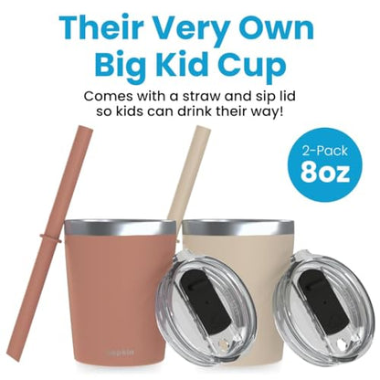 CUPKIN Toddler Straw Cup, The Original 8 oz Stackable Stainless Steel Toddler Cups, Set of 2 Powder Coated Insulated Kids Straw Cups + BPA Free Lids + Reusable Silicone Straws (Brown + Peach) - color: Brown + Peach, size: 8 Fl Oz (Pack of 2)