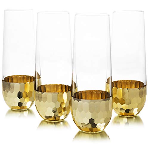 MyGift Modern Stemless Champagne Flute Glass Set of 4 Party Drinkware, Cocktails Prosecco Mimosa Glasses with Hammered Brass Plated Bottoms - color: Brass