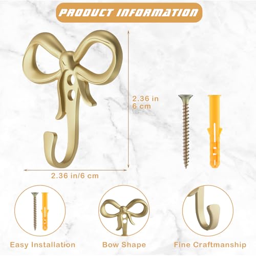 6 Pack Small Bow Wall Hook Bow Knot Hooks for Wall 2.36'' Decorative Coat Holder Metal Bowknot Door Hanger for Hats Bags Tie Bath Towels Coats
