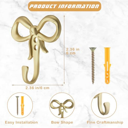6 Pack Small Bow Wall Hook Bow Knot Hooks for Wall 2.36'' Decorative Coat Holder Metal Bowknot Door Hanger for Hats Bags Tie Bath Towels Coats