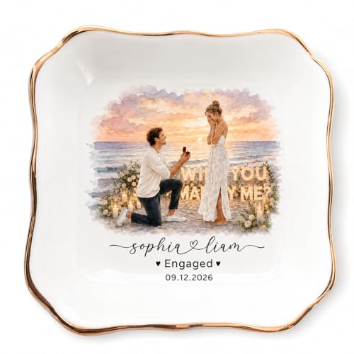 LullabyMall Luxury Custom Photo Watercolor Couple Portrait Ring Dish, Customized Engagement Ring Holder, Bride Jewelry Tray, Wedding Gifts for Bride 2 - color: Scalloped
