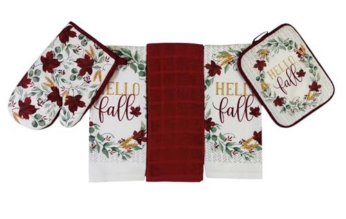 Farmhouse Fall Autumn Harvest Kitchen Hand Towels and Pot Holder Set: Hello Fall Red Burgundy Wine White Green Falling Leaves Design - color: Autumnleaves