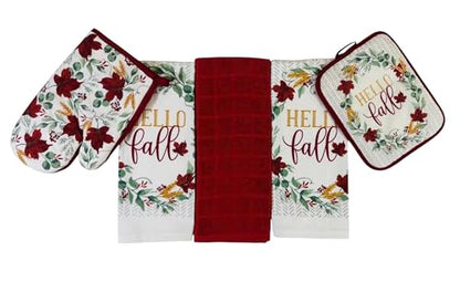 Farmhouse Fall Autumn Harvest Kitchen Hand Towels and Pot Holder Set: Hello Fall Red Burgundy Wine White Green Falling Leaves Design - color: Autumnleaves
