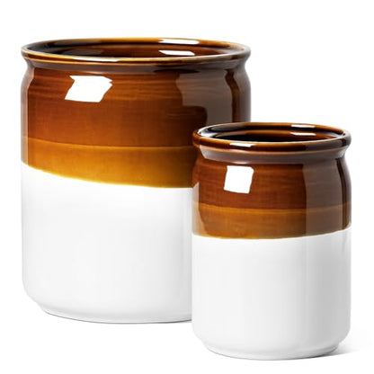 LE TAUCI Kitchen Utensil Holder for Countertop, Ceramic Utensil Crock Set of 2, Rustic Brown Holder for Spatulas, Spoons and Ladles, Large Farmhouse Kitchen Counter Decor, Brown and White, 7.2" & 5.4"