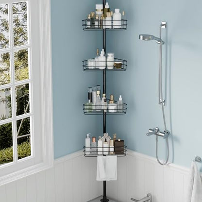 Garvee Corner Shower Caddy Tension Pole, 76 in-110 in Adjustable Bathroom Organizer Shelves, 4-Tier Rustproof Bathroom Shelves with Built-In Towel Bars to Space-Saving, Black | Adjustable Bathroom Shelf Organizer, Rust-Resistant Floor to Ceiling Storage R