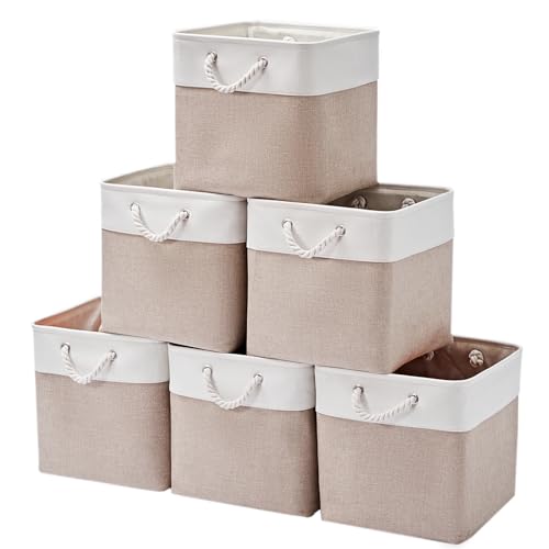 MidmmVick 12 x 12 Inch Cube Storage Bins, 6 Pack Large Collapsible Fabric Storage Bin with Ropes, Foldable Storage Cubes for Home, Office,Closet, Clothes, Toys Organizer (White & Beige) - color: White&Beige-12"x12"x12"